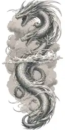 leviathan, virgo, typhoon, wings, clouds, dragon, fighting, midgar background, manlike body, storm, lightning tattoo design idea