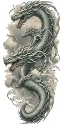 leviathan, virgo, typhoon, wings, clouds, dragon, fighting, midgar background, manlike body, storm, lightning tattoo design idea
