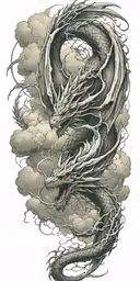 leviathan, virgo, typhoon, wings, clouds, dragon, fighting, midgar background, manlike body, storm, lightning tattoo design idea
