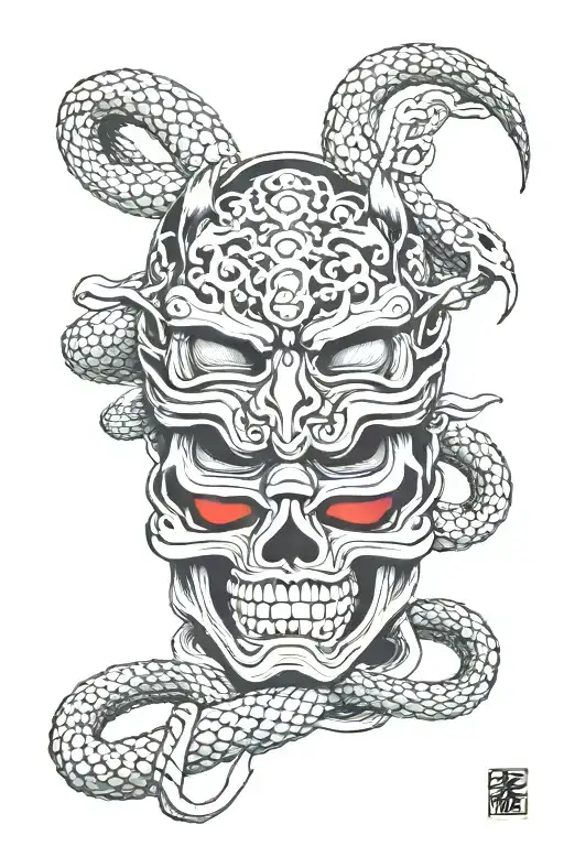 Samurai mask with a skeleton snake wrapped around it  tattoo design idea