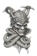 Samurai mask with a skeleton snake wrapped around it  tattoo design idea