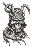 Samurai mask with a skeleton snake wrapped around it  tattoo design idea