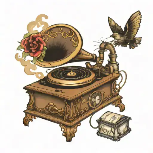 Tattoo design of gramophone Smoke and nodes A text saying "I'm not done at all yet" tattoo design idea