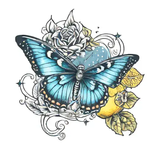 A tattoo design of a butterfly made out of chrome hearts, with lemon ginger tea leaves floating around it, set against a backdrop of a starry night sky tattoo design idea