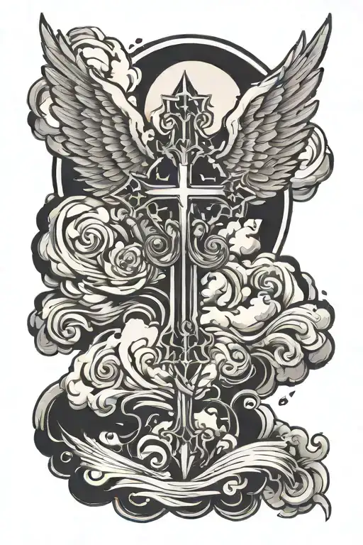 cross with wings around dust clouds tattoo design idea