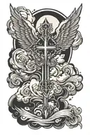 cross with wings around dust clouds tattoo design idea