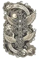 cross with wings around dust clouds tattoo design idea