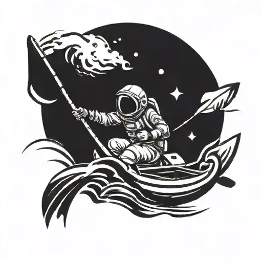 astronaut riding a river raft with cam buckle and strap and pointing an oar forward like he is charging forward  tattoo design idea