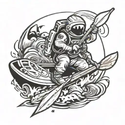astronaut riding a river raft with cam buckle and strap and pointing an oar forward  tattoo design idea