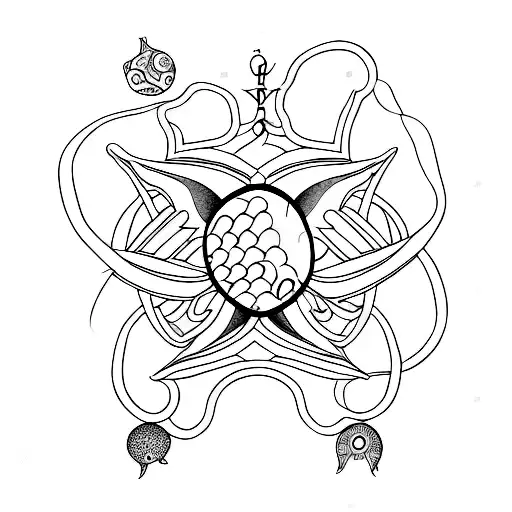 A blackwork tattoo of a Christian fish symbol intertwined with a serotonin molecule tattoo design idea
