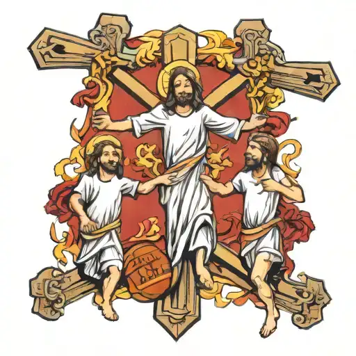 god jesus cross, football, 2 sons holding hands tattoo design idea