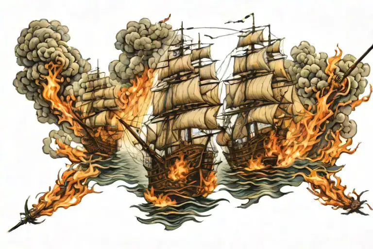 spanish armada of ships burning in sea  tattoo design idea