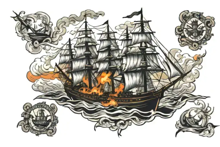 spanish armada of ships burning in sea  tattoo design idea