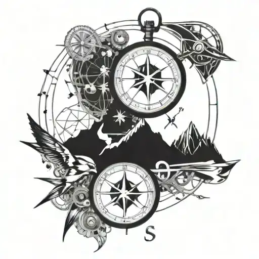 Compass pocket watch anchor swallow and mountains tattoo design idea