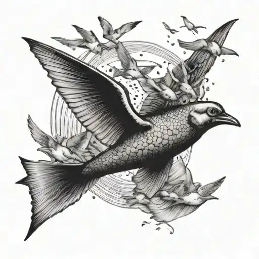 A surreal scene of a flying fish soaring through the sky surrounded by seagulls, capturing the client's interests in flying and fishing tattoo design idea