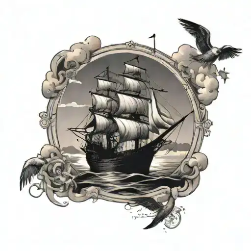 An old-fashioned sailing ship on a peaceful beach at sunset in black-grey style with a light compass rose and seagulls tattoo design idea
