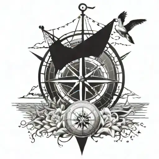 An dotwork compass rose, with a beach to air scene with seagulls, sunset and old style sailing ship tattoo design idea