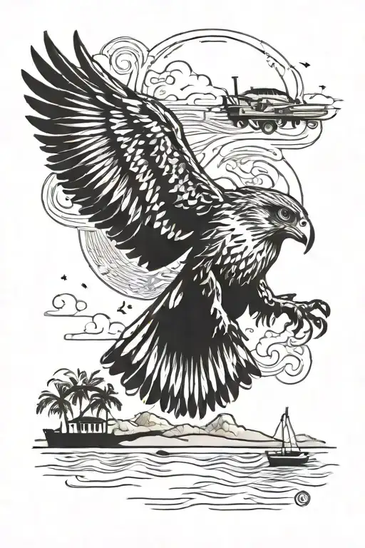 A falcon soaring over a beach party scene tattoo design idea