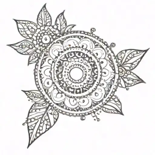 a sun in henna style with added dots and lines coming around it and simplistic flowers included  tattoo design idea