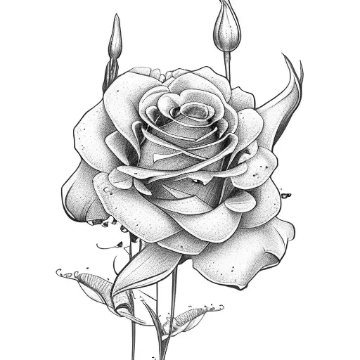 bunch of flowers with lilies, roses, goldenrod and a shih-tzu bitch tattoo design idea