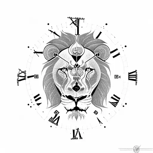 lion witg cross and clock tattoo design idea