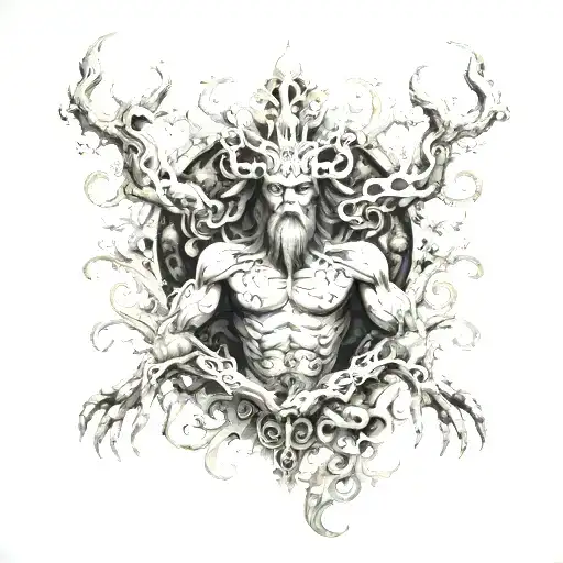 Draw a gigantic creature with 7 arms in the darkness of the forest and surrounded by clouds, with baroque ornamentation. tattoo design idea