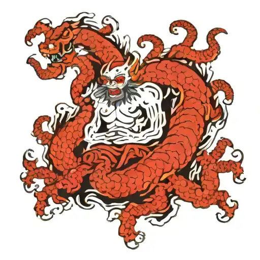 draw a gigantic creature with 7 arms in the dark forest and surrounded by clouds tattoo design idea