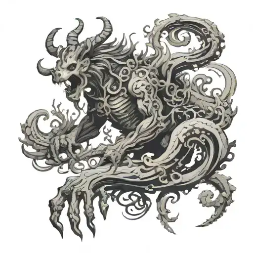 Draw a gigantic creature with 7 arms in the darkness of the forest and surrounded by clouds, with baroque ornamentation. tattoo design idea