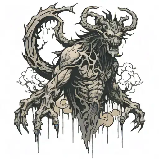 draw a gigantic creature with 7 arms in the darkness of the forest and surrounded by clouds tattoo design idea