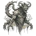 draw a gigantic creature with 7 arms in the darkness of the forest and surrounded by clouds tattoo design idea