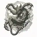 draw a gigantic creature with 7 arms in the darkness of the forest and surrounded by clouds tattoo design idea