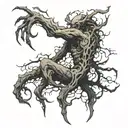 draw a gigantic creature with 7 arms in the darkness of the forest and surrounded by clouds tattoo design idea