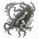 draw a gigantic creature with 7 arms in the darkness of the forest and surrounded by clouds tattoo design idea