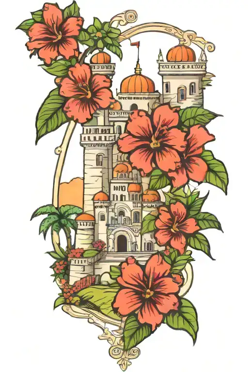 haitian citadel with flowers on the borders tattoo design idea
