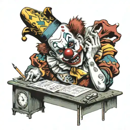 scary clown st a desk with calculator and pencil  tattoo design idea