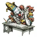 scary clown st a desk with calculator and pencil  tattoo design idea