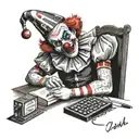 scary clown st a desk with calculator and pencil  tattoo design idea