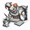 scary clown st a desk with calculator and pencil  tattoo design idea