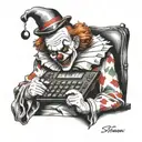 scary clown st a desk with calculator and pencil  tattoo design idea