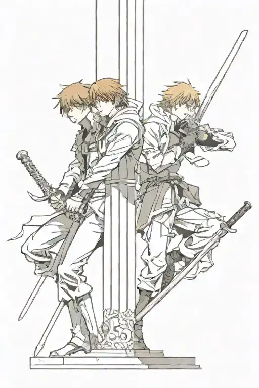 Ichigo Kurosaki leaning on a pillar with his sword. Eren Yeager is standing next to the pillar. tattoo design idea