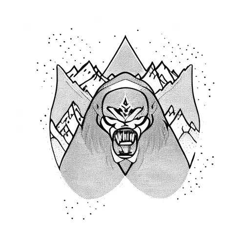 A fierce jiu jitsu fighter grappling with a majestic mountain backdrop tattoo design idea
