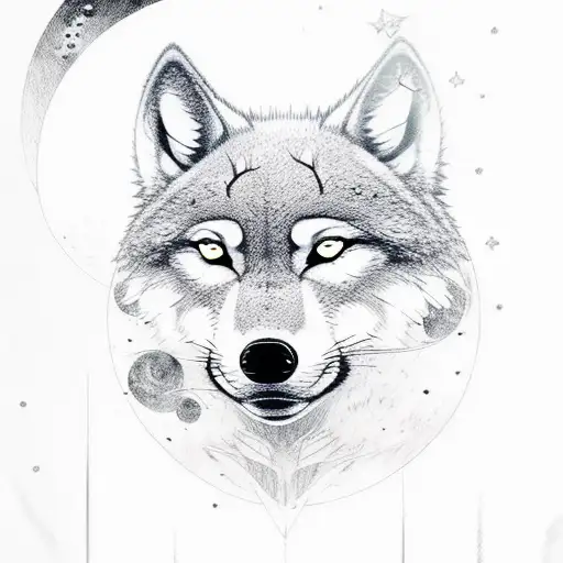 moon with a wolf between bushes tattoo design idea