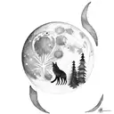 moon with a wolf between bushes tattoo design idea