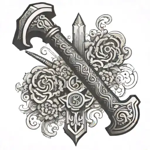 A carpenter's hammer with the initials of the client's family members engraved on the handle, surrounded by religious motifs tattoo design idea