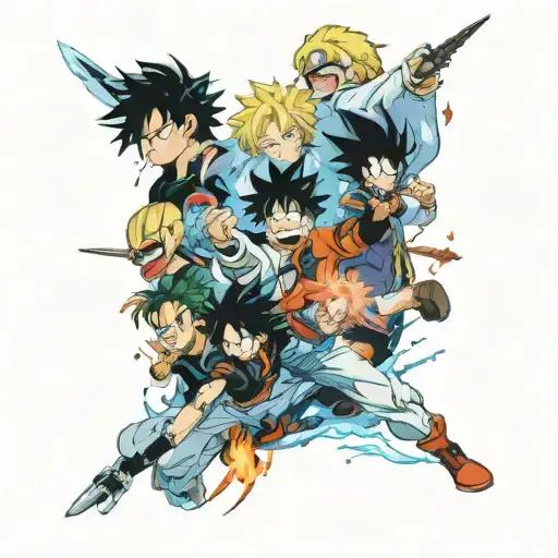 anime battle scene in space with dbz characters and one piece characters and bleach and my hero academia  tattoo design idea
