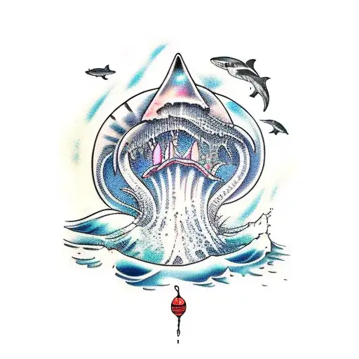 waves with wale, shark, sea turtle and jellyfish  tattoo design idea