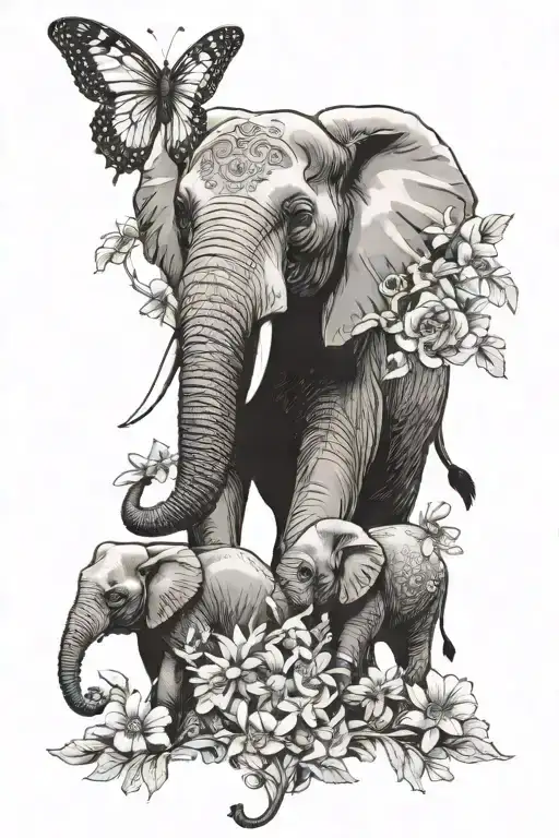 Elephant walking forward with three baby elephants surrounded by daisies, sunflower, and butterflies. tattoo design idea