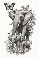 Elephant walking forward with three baby elephants surrounded by daisies, sunflower, and butterflies. tattoo design idea
