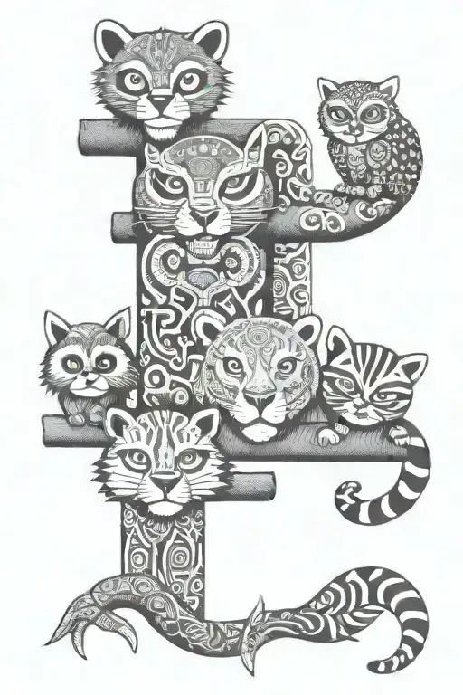 totem pole with different animals. elephant, lion, snake, red panda, owl tattoo design idea