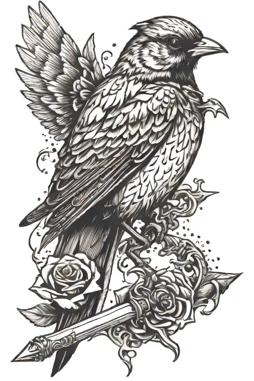 A sparrow transforming into a Nazgul holds a sword tattoo design idea